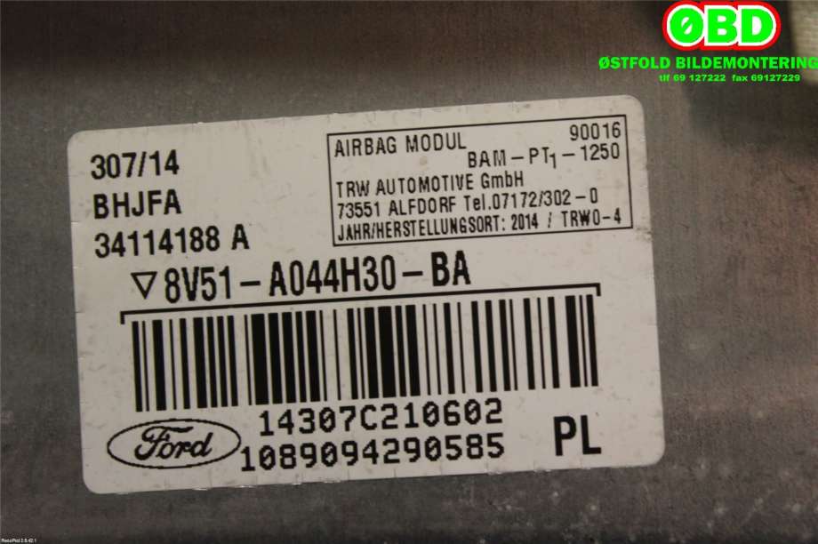 Airbag passasjer til Ford Fiesta 2013-2017 (Type VI, Fase 2)  (FORD|1711931||8V51A044H30BA)