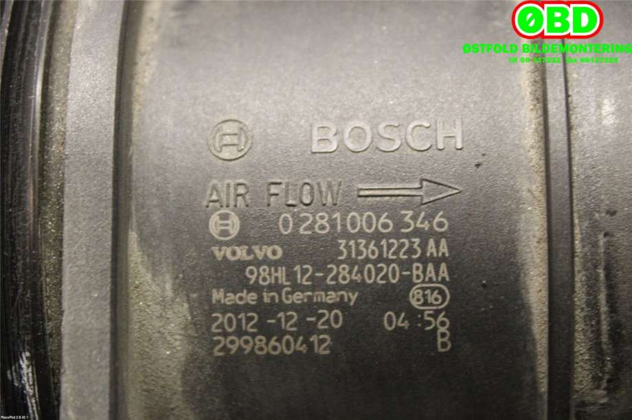 Luftmengde/luftmassemåler til Volvo XC60 2008-2013 (Type I, Fase 1)  (VOLVO||0281006346|31361223AA)