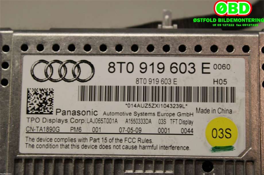Instrument kjørecomputer til Audi A4 2007-2014 (Type IV) (B8) (B8) (AUDI||8T0919603E)