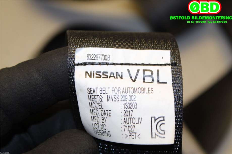 Airbag beltestrammer til Nissan Leaf 2018-->> (Type II)  (Nissan Leaf USA-utg|888454NP8B|)