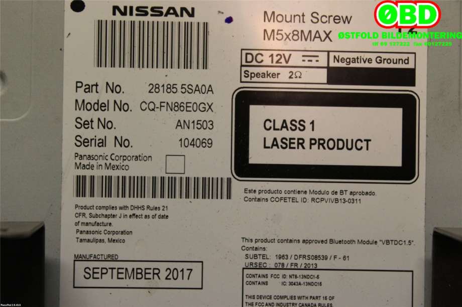 Bilstereo navigasjon til Nissan Leaf 2018-->> (Type II)  (Nissan Leaf USA-utg|281855SA0A|)