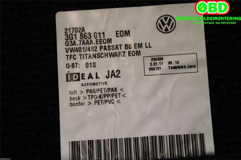 Innredning diverse til VW Passat 2015-2019 (Fase 1) (B8) (B8) (VOLKSWAGEN|3G1 863 011||3G1863011)