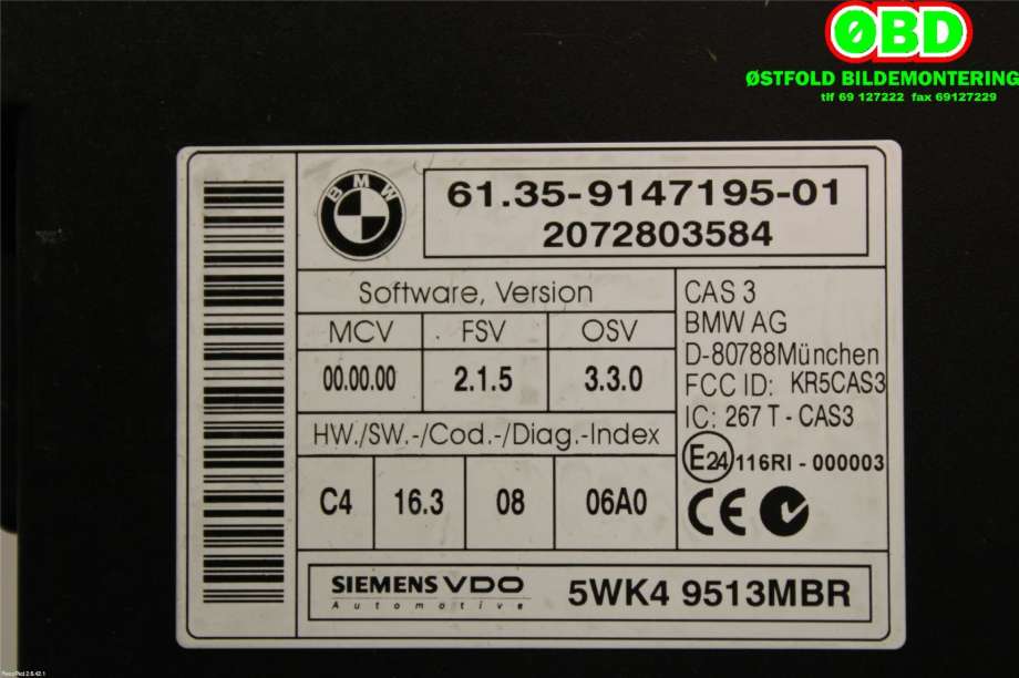 Styreenhet tenning til BMW 3-Serie 2005-2011 (E90/E91/E92/E93) (E90/E91/E92/E93) (BMW|61 35 9 395 657||61359147195)
