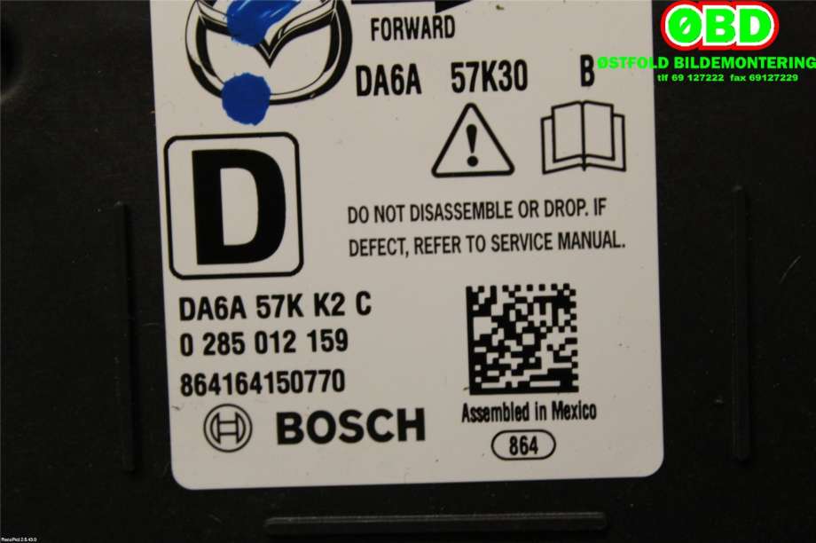 Airbag elektronikk til Mazda 2 2015-2019 (Type III, Fase 1)  (MAZDA|DA6A57K30B|)