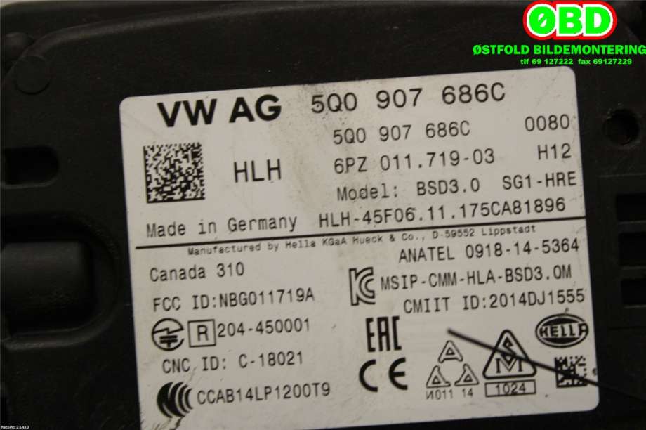Sensor radar til VW e-Golf 2017-2020 (Fase 2)  (VOLKSWAGEN|5Q0 907 686 C||5Q0907686C)