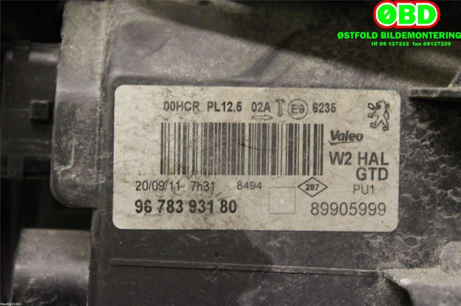 Frontlykt venstre halogen til Peugeot 508 2011-2014 (Type I, Fase 1)  (PEUGEOT|96 783 931 80||9678393180)