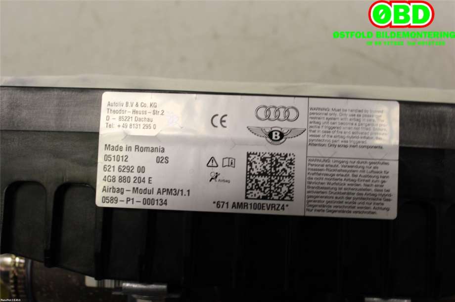 Airbag passasjer til Audi A7 2010-2014 (Type I, Fase 1)  (AUDI|4G8 880 204 E|4G8 880 204 F|4G8880204E)