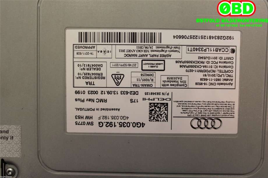 Bilstereo navigasjon til Audi A7 2010-2014 (Type I, Fase 1)  (AUDI|4G0 O35 192 H||4G0035192G)