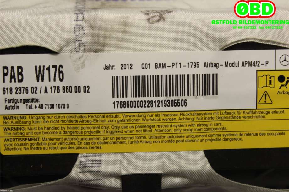 Airbag passasjer til Mercedes A-Klasse 2012-2018 (W176) (W176) (MERCEDES|A 176 860 00 02||1768600002)