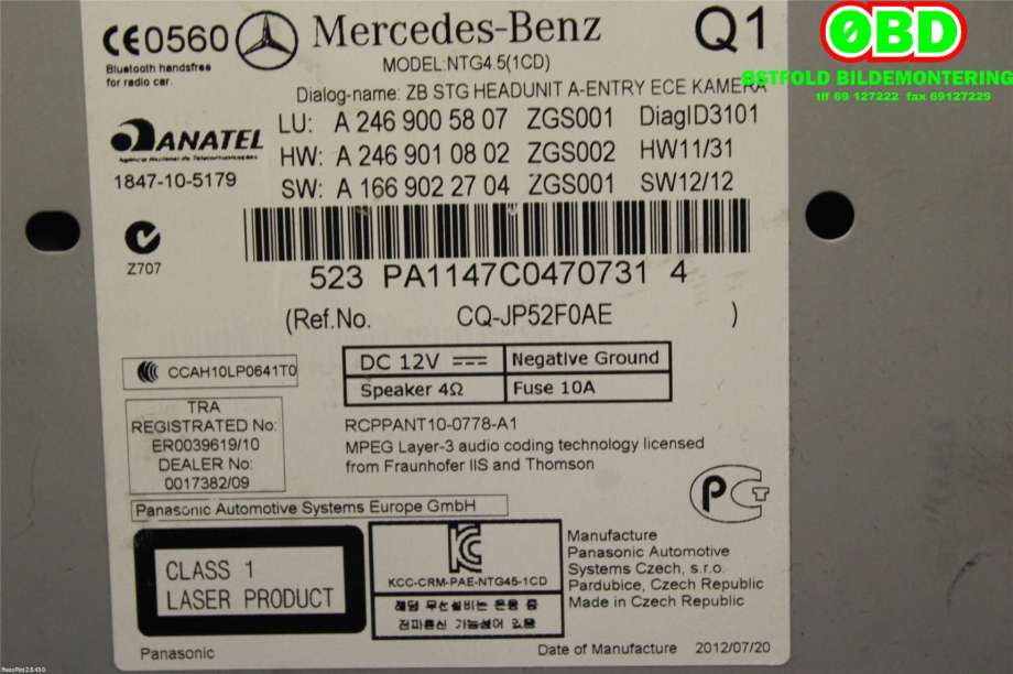 Bilstereo navigasjon til Mercedes A-Klasse 2012-2018 (W176) (W176) (MERCEDES|A 246 900 10 16|NTG451CD|2469005807)