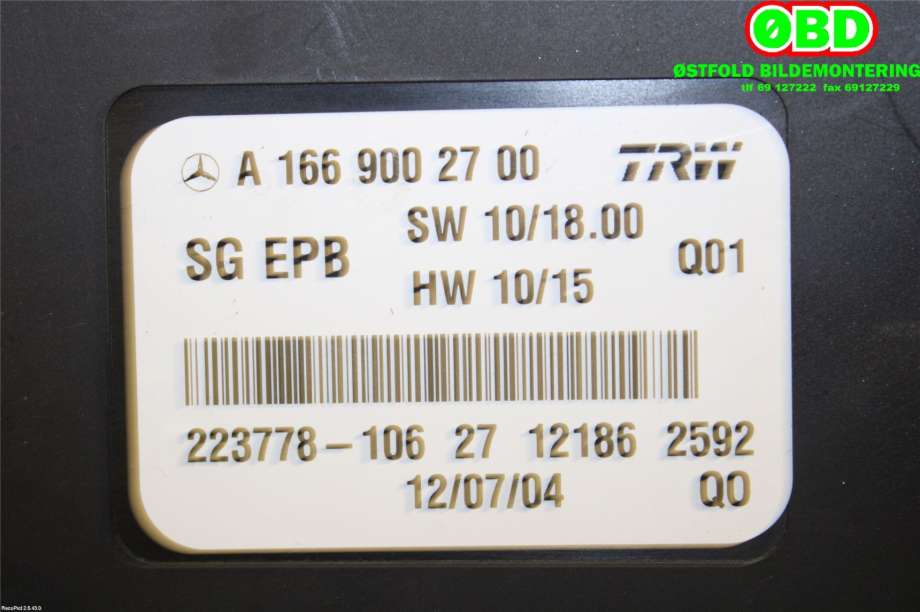 Styreenhet elektrisk parkbrems (EPB - Electric Parking Brake) til Mercedes A-Klasse 2012-2018 (W176) (W176) (MERCEDES|A 166 900 27 00||1669002700)