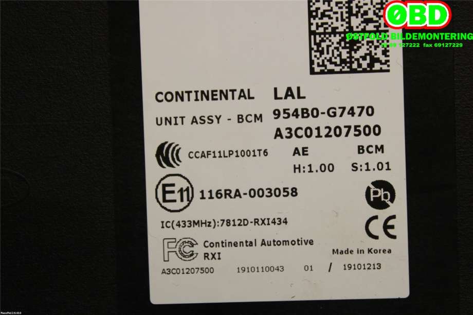 Styreenhet comfort (BCM) til Hyundai Ioniq Electric 2019-->> (Fase 2)  (HYUNDAI|954B0G 7470||954B0G7470)