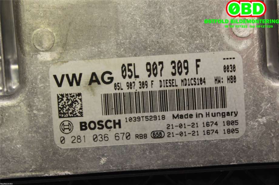 Styreenhet motor til VW Transporter / Caravelle 2019-->> (T6.1) (T6.1) (VOLKSWAGEN|05L 906 023 D|0281036670|05L907309F)