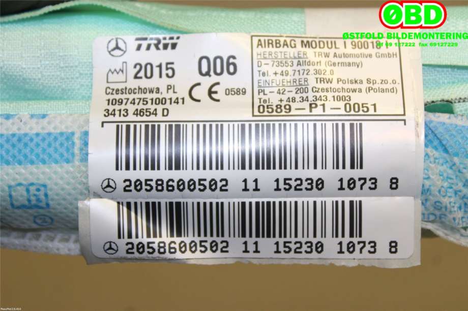 Airbag gardin høyre til Mercedes C-Klasse 2014-2018 (Fase 1) (W205) (W205) (MERCEDES|A 205 860 05 02||2058600502)