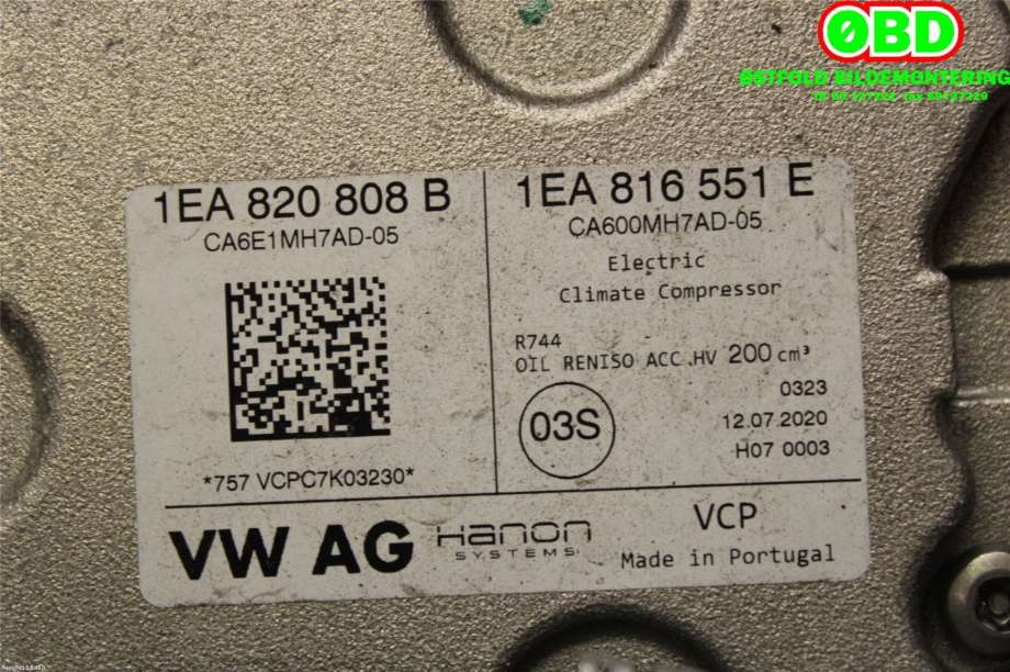 Aircondition kompressor til VW ID.3 2020-->>  (VOLKSWAGEN|1EA 820 808 B|1EA 820 808 D|1EA820808B)