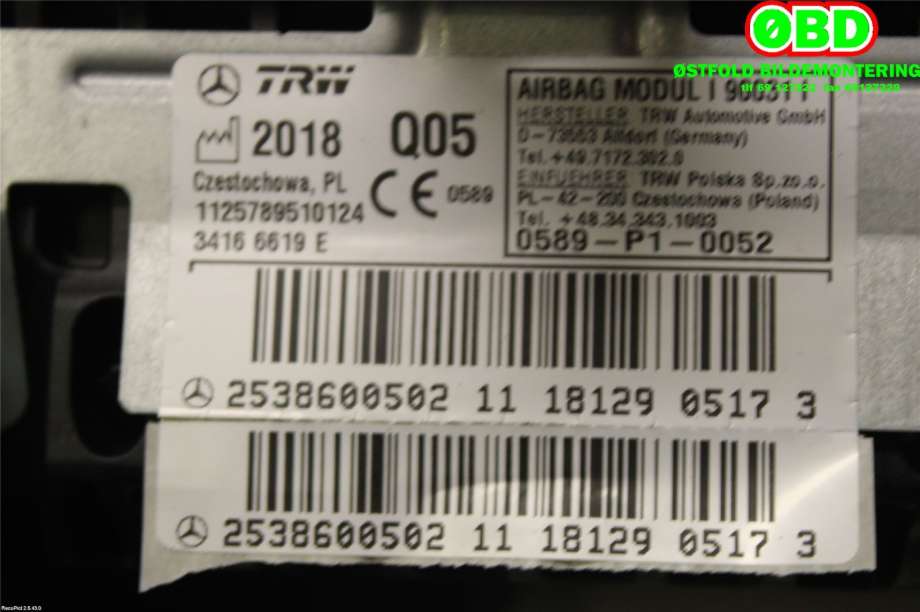 Airbag passasjer til Mercedes GLC 2015-2022 (X253) (X253) (MERCEDES|A 253 860 05 02||2538600502)