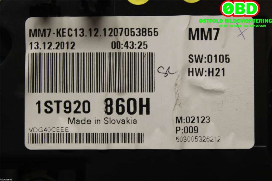 Instrumentpanel til Škoda Citigo 2012-2019  (SKODA|1ST 920 860 H||1ST920860H)