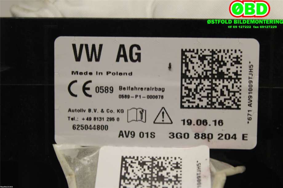 Airbag passasjer til VW Passat 2015-2019 (Fase 1) (B8) (B8) (VOLKSWAGEN|3G0 880 204 F||3G0880204E)