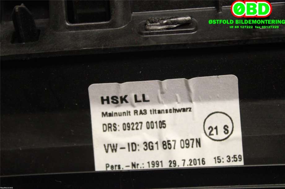 Hanskerom til VW Passat 2015-2019 (Fase 1) (B8) (B8) (VOLKSWAGEN|3G1 857 101 A||3G1857097N)