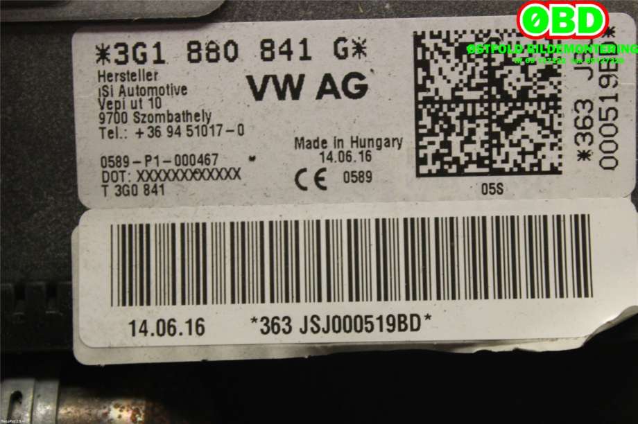 Airbag kne til VW Passat 2015-2019 (Fase 1) (B8) (B8) (VOLKSWAGEN|3G1 880 841 G||3G1880841G)