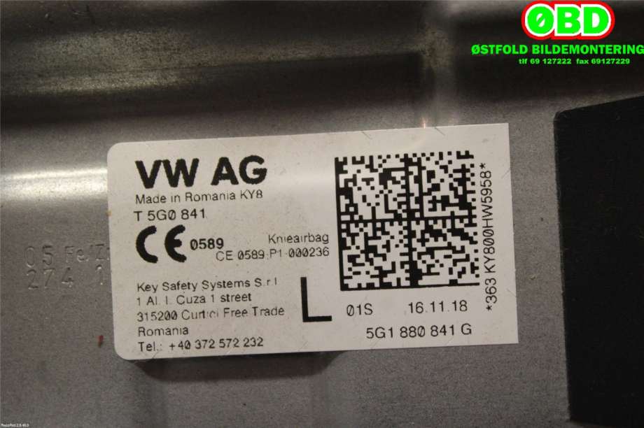 Airbag kne til VW e-Golf 2017-2020 (Fase 2)  (VOLKSWAGEN|5G1 880 841 G|5G1 880 841 H|5G1880841G)