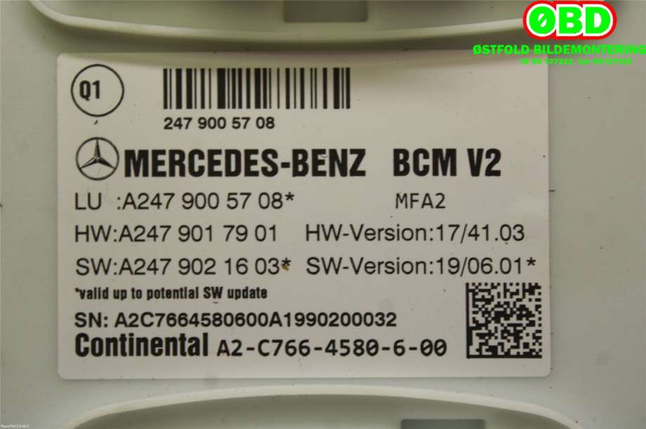 Styreenhet comfort (BCM) til Mercedes A-Klasse 2018-->> (W177) (W177) (MERCEDES|A 247 900 57 08|A 247 900 86 07|2479005708)