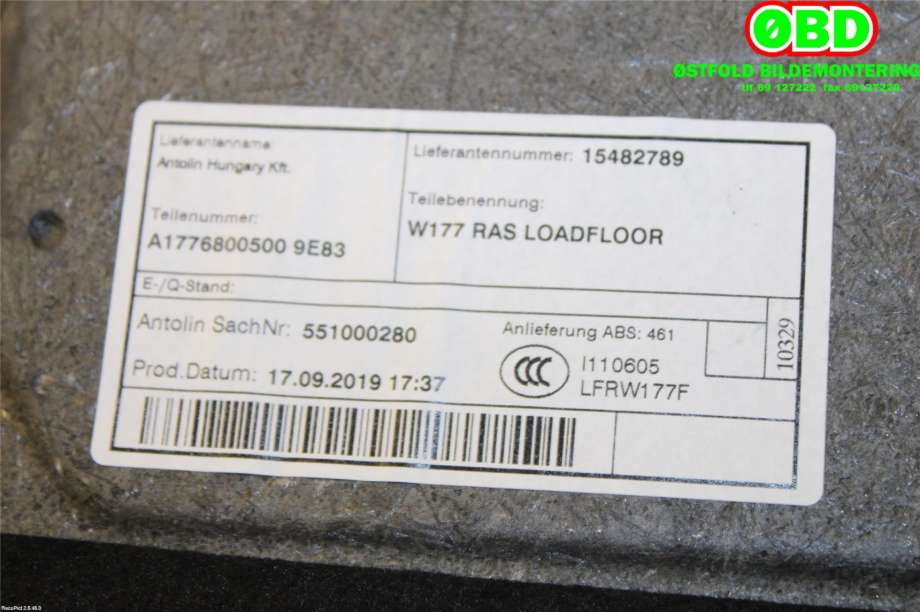 Bagasjerom teppe/gulvplate til Mercedes A-Klasse 2018-->> (W177) (W177) (MERCEDES|A 177 680 05 00||1776800500)