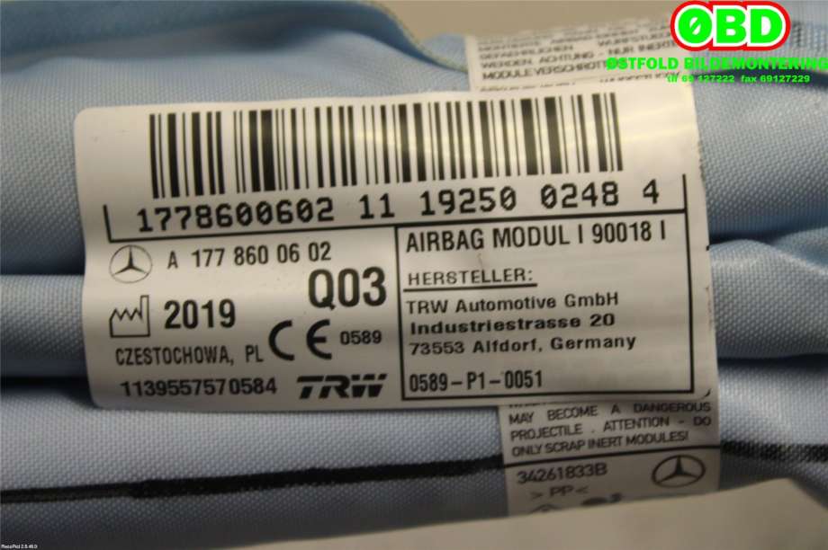 Airbag gardin høyre til Mercedes A-Klasse 2018-->> (W177) (W177) (MERCEDES|A 177 860 06 02||1778600602)