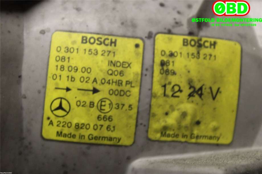 Frontlykt venstre halogen til Mercedes S-Klasse 1999-2005 (W220) (W220) (MERCEDES|A 220 820 07 61||2208200761)