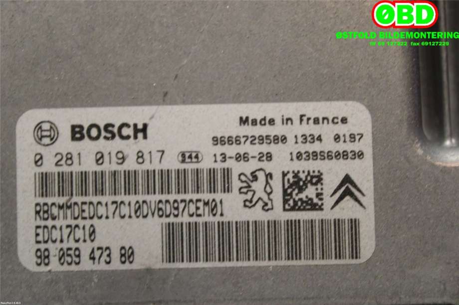 Styreenhet motor til Peugeot Partner 2008-2015 (Type II, Fase 1)  (PEUGEOT|1606873880|0281019817|9666729580)