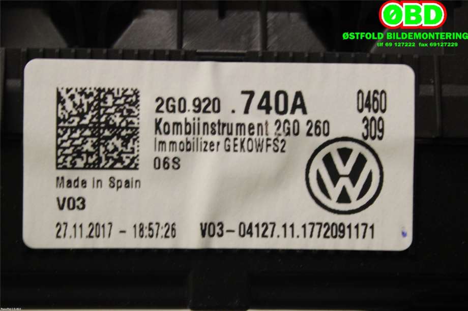 Instrumentpanel til VW Polo 2017-2021 (Type VI, Fase 1)  (VOLKSWAGEN|2G0 920 740 A||2G0920740A)