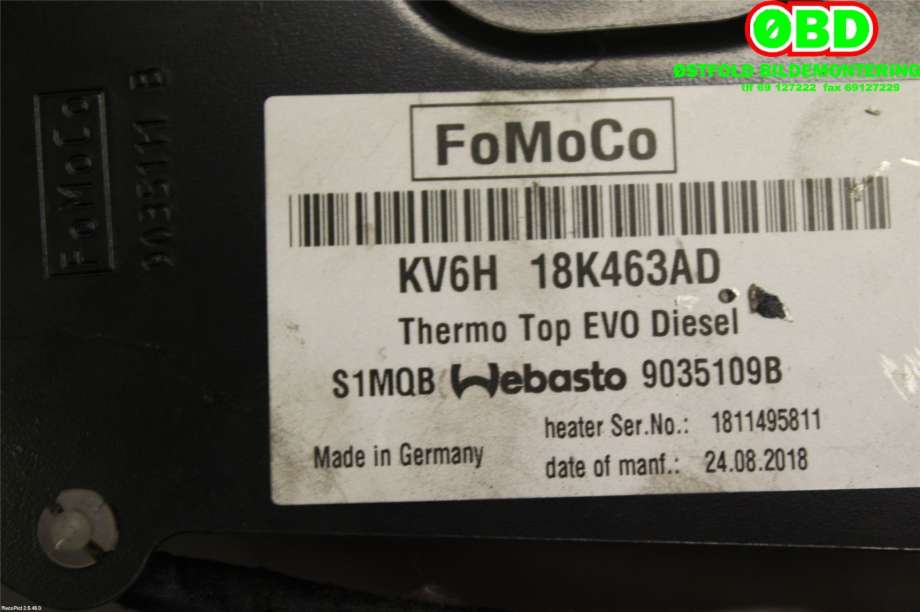 Dieselvarmer til Ford Transit Connect 2018-->> Type II, Fase 2  (FORD|2642773||KV6H18K463AD)