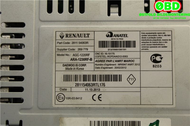 Bilstereo til Renault Kangoo 2008-2021 (Type II)  (RENAULT|281156606R|280210585R|281154063R)