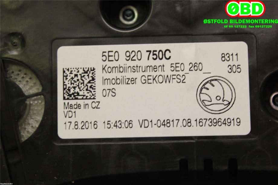Instrumentpanel til Škoda Octavia 2017-2020 (Type III, Fase 2)  (SKODA|5E0 920 750 C||5E0920750C)