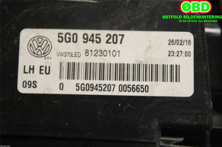 Baklykt venstre til VW e-Golf 2014-2017 (Fase 1)  (VOLKSWAGEN|5G0 945 207||5G0945207)
