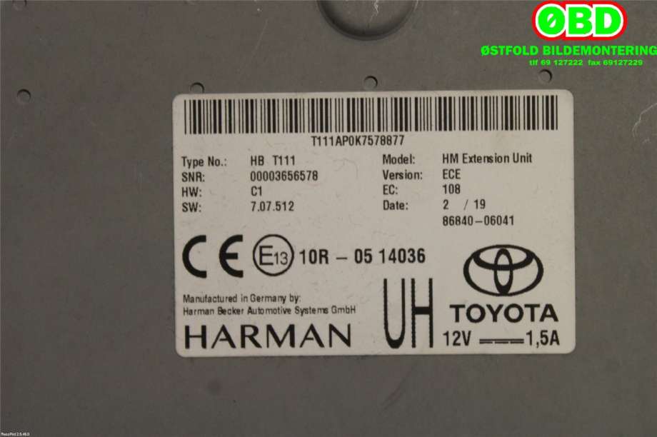 Bilstereo forsterker til Toyota Corolla 2019-->>  (TOYOTA|8684006041|)
