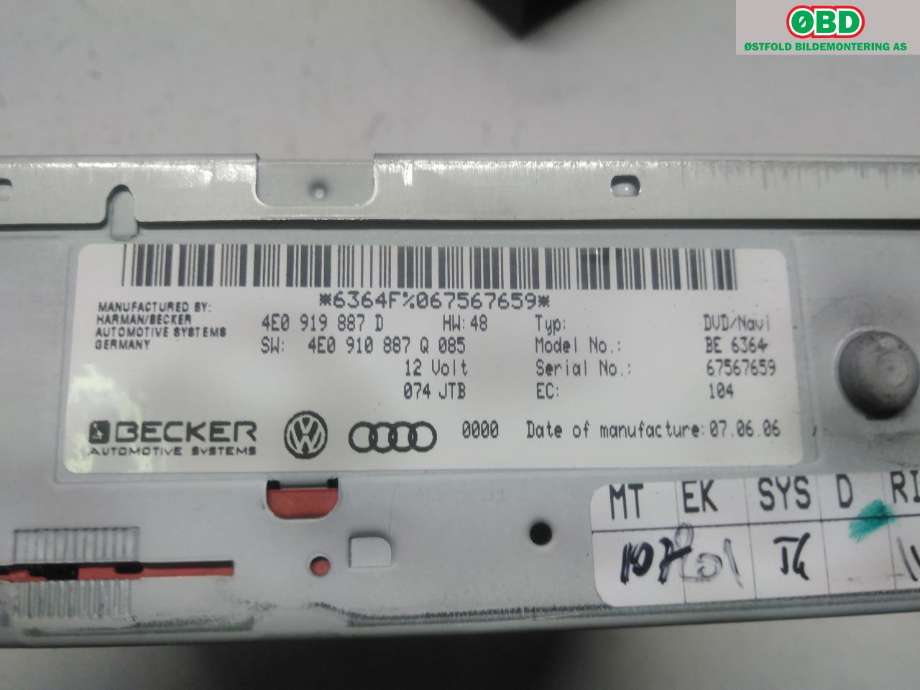 Bilstereo navigasjon til Audi A8 2003-2010 (Type II)  (AUDI|4E0 910 888 PX||4E0919887D)