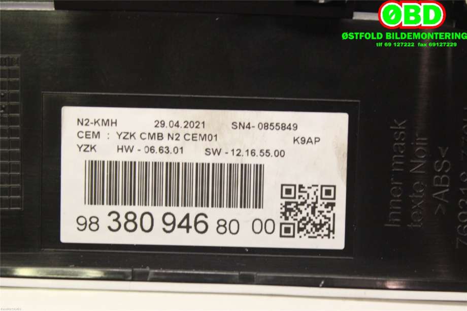 Instrumentpanel til Peugeot Partner 2019-->> (Type III)  (PEUGEOT|9838094680|)