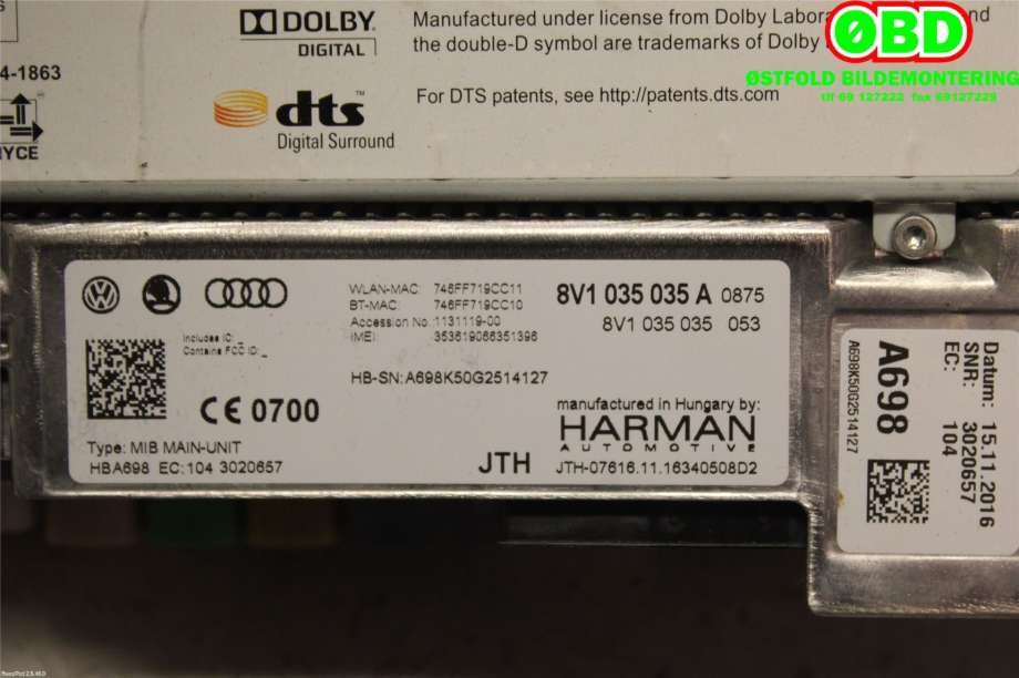 Bilstereo navigasjon til Audi A3 2016-2020 (Type III, Fase 2)  (AUDI|8V1 035 035 A||8V1035035A)