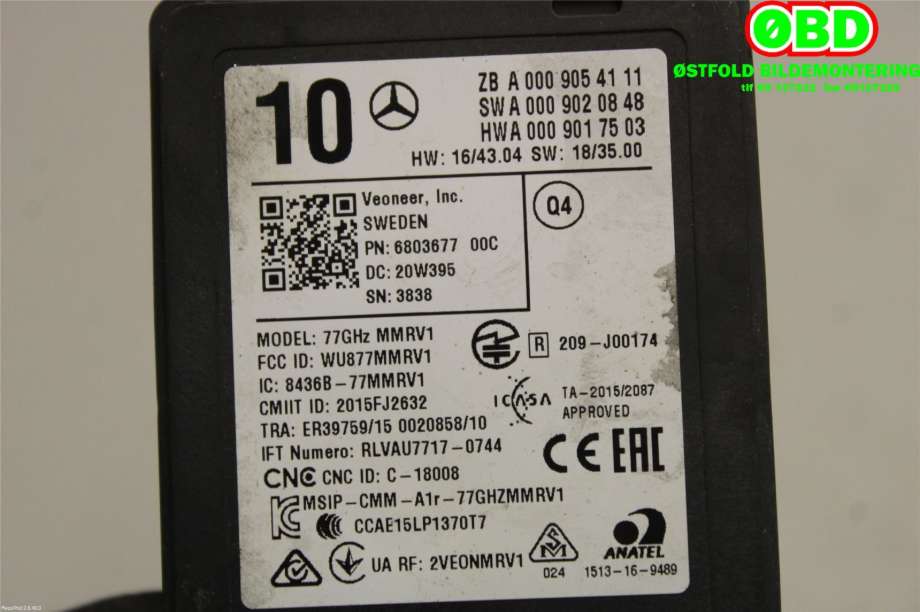 Sensor radar til Mercedes GLE 2019-->> (W167) (W167) (MERCEDES|A 000 905 41 11||0009054111)
