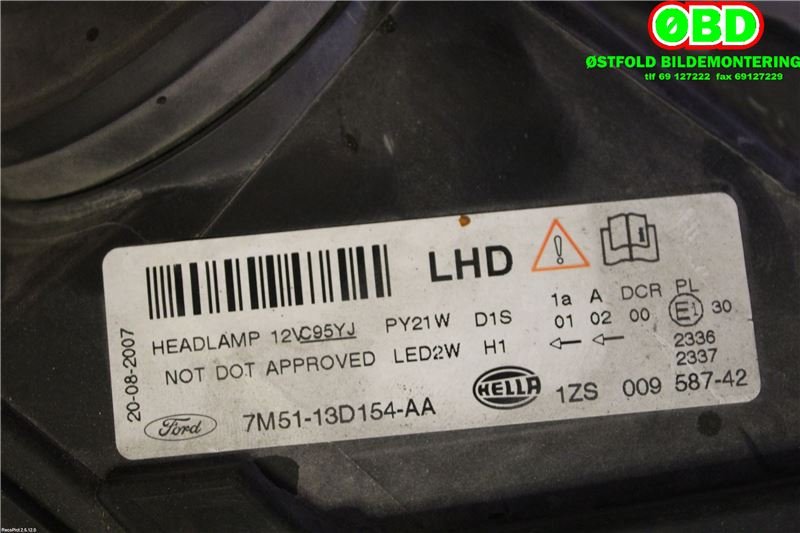 Frontlykt høyre xenon til Ford C-Max 2007-2010 (Type I, Fase 2)  (|7M5113D154AA)
