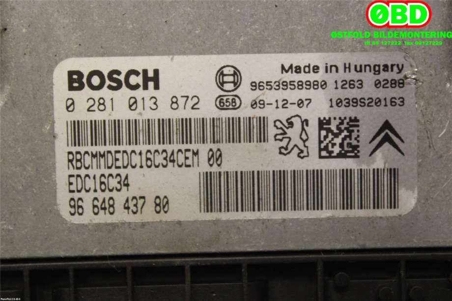 Styreenhet motor til Peugeot Partner 2008-2015 (Type II, Fase 1)  (PEUGEOT|1943J4|0281013872|9664843780)