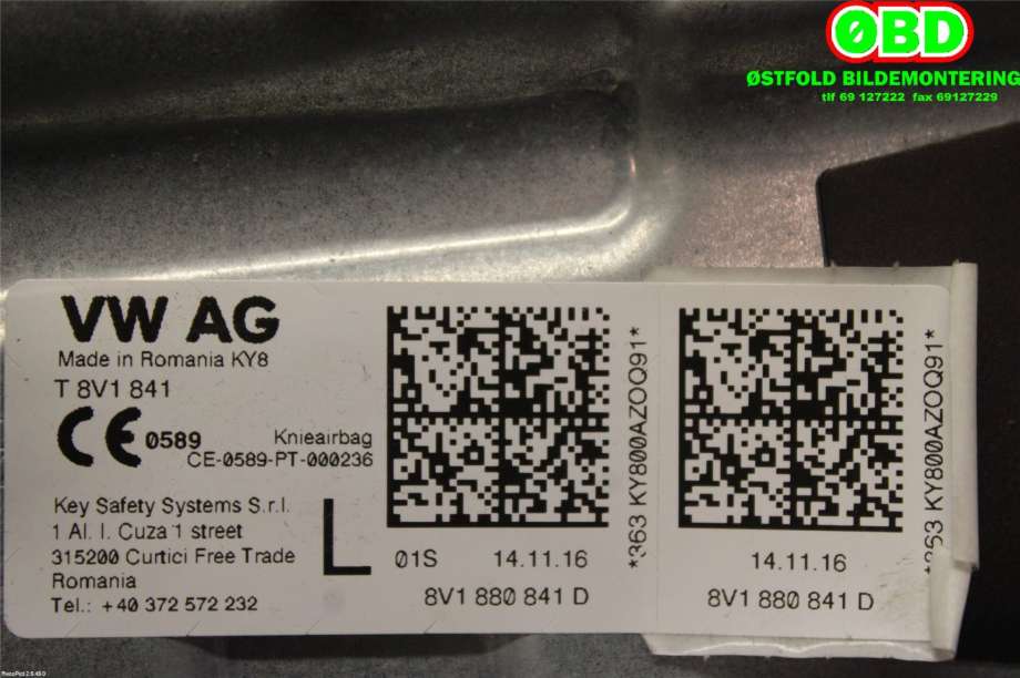 Airbag kne til Audi A3 2016-2020 (Type III, Fase 2) (AUDI|8V1 880 841 D||8V1880841D)
