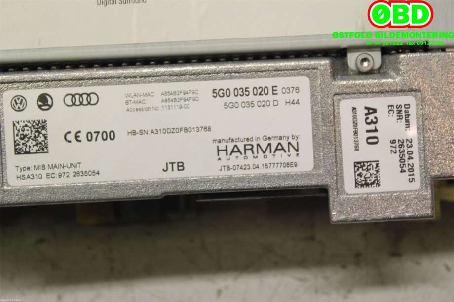 Bilstereo navigasjon til VW e-Golf 2014-2017 (Fase 1)  (VOLKSWAGEN|5G0 035 020 E||5G0035020E)