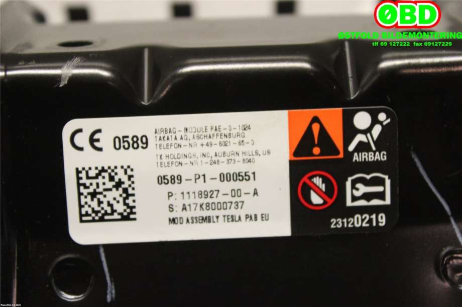 Airbag passasjer til Tesla Model S 2013-2016 (Fase 1)  (TESLA|111892700A|)