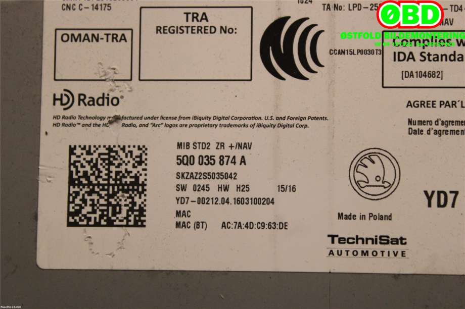 Bilstereo navigasjon til Škoda Octavia 2013-2016 (Type III, Fase 1)  (SKODA|5Q0 035 874 A||5Q0035874A)