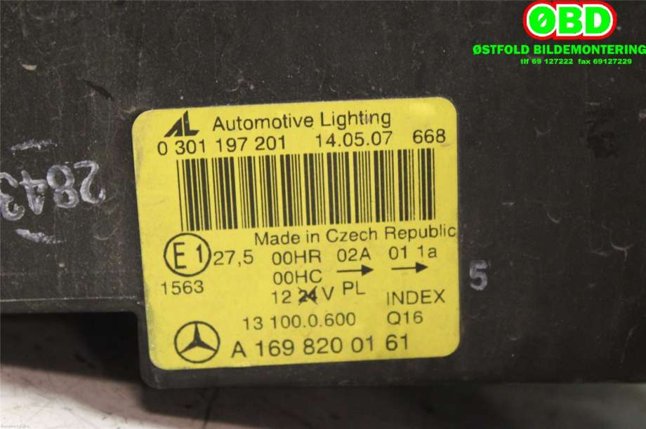 Frontlykt venstre halogen til Mercedes A-Klasse 2005-2012 (W169) (W169) (MERCEDES|A 169 820 01 61||1698200161)