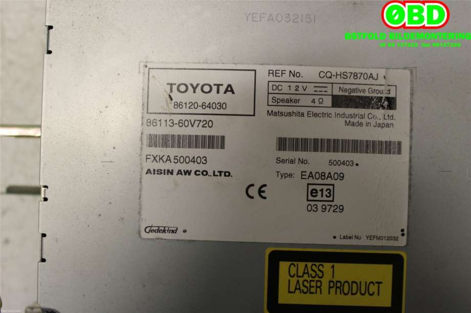 Bilstereo til Toyota Verso 2009-2016 (Type III) (TOYOTA|861000F010||8612064030)