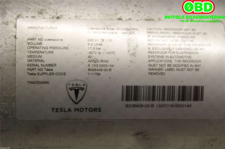 Kompressor nivå/luft til Tesla Model S 2013-2016 (Fase 1) (TESLA|600640800B|)