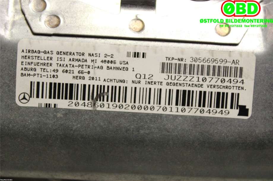 Airbag kne til Mercedes C-Klasse 2011-2014 (Fase 2) (W204) (W204) (MERCEDES|A 204 860 19 02||2048601902)